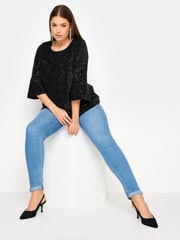 Yours Curve Black Velvet Sequin Top - Image 2 of 6