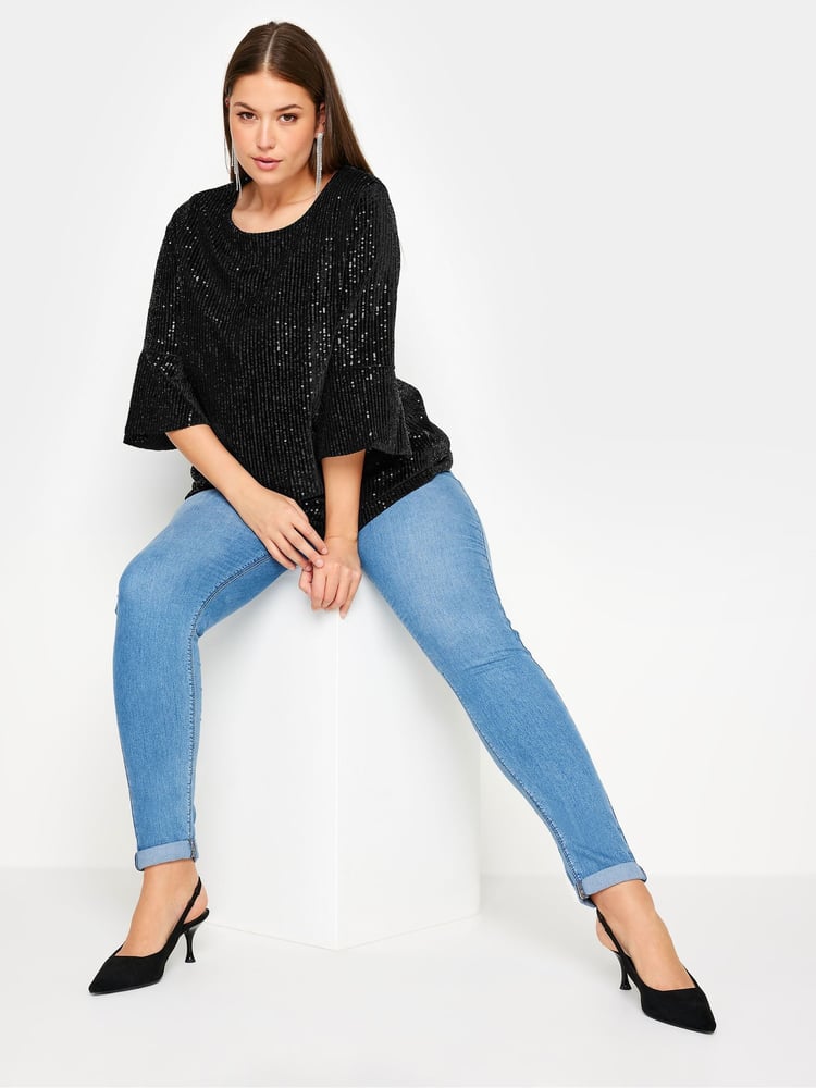 Yours Curve Black Velvet Sequin Top - Image 2 of 6