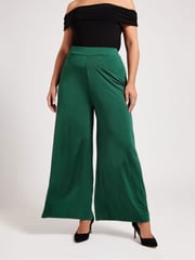 Yours Curve Green Slinky Wide Leg Trousers - Image 1 of 6