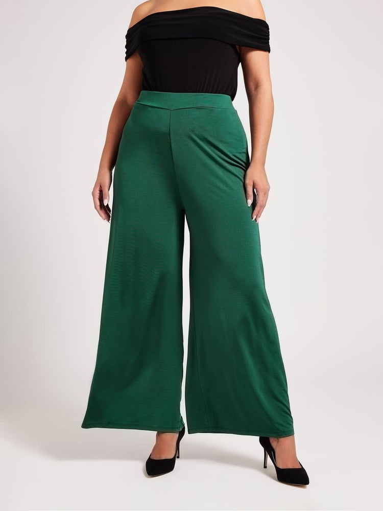 Yours Curve Green Slinky Wide Leg Trousers - Image 1 of 6