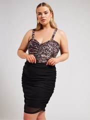 Yours Curve Black LONDON Leopard Print Gathered Mesh Skirt - Image 1 of 5
