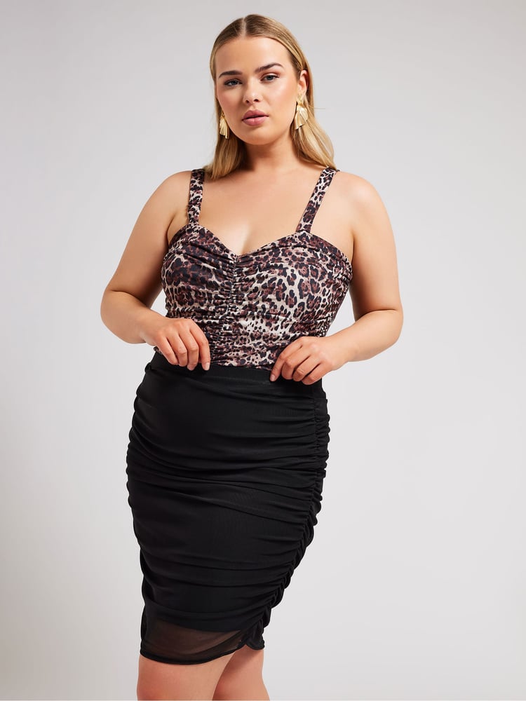 Yours Curve Black LONDON Leopard Print Gathered Mesh Skirt - Image 1 of 5