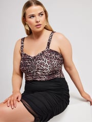 Yours Curve Black LONDON Leopard Print Gathered Mesh Skirt - Image 4 of 5