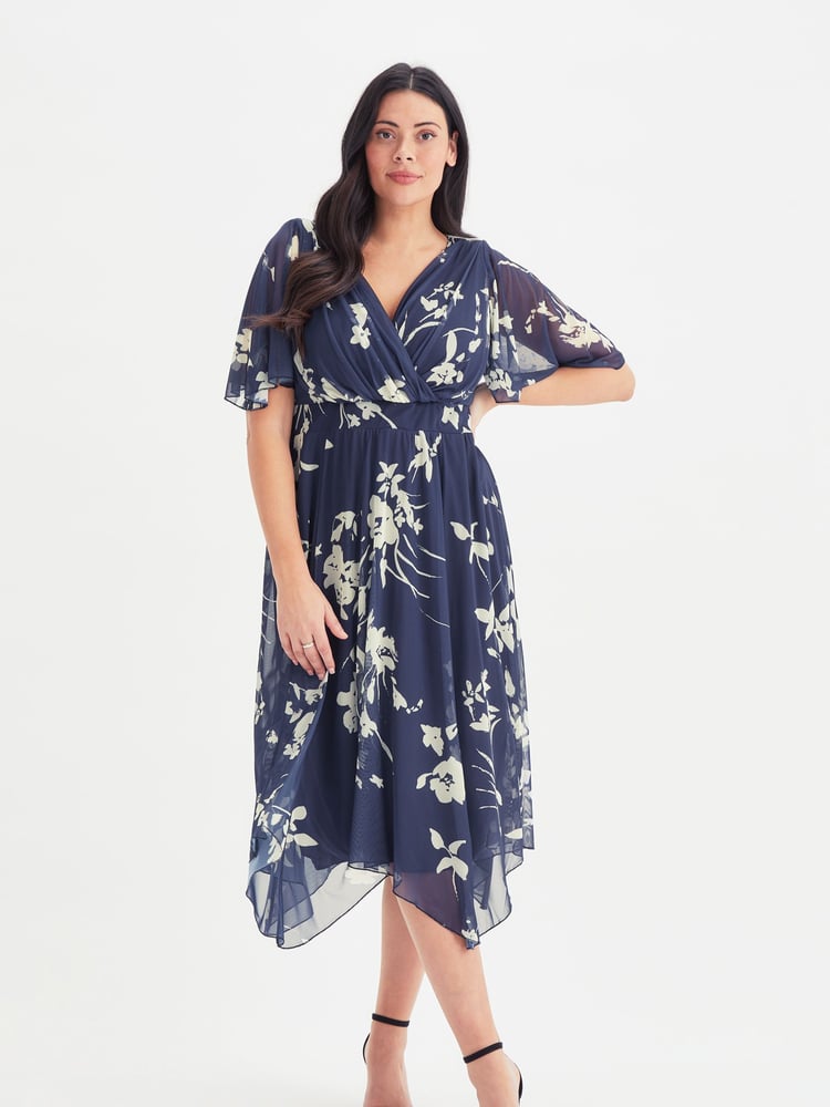 Scarlett & Jo Navy Blue & Cream Julie Hanky Hem Dress - Image 2 of 5