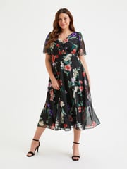 Scarlett & Jo Black & Pink Multi Floral Victoria Angel Sleeve Mesh Midi Dress - Image 1 of 5