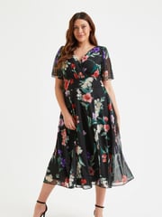 Scarlett & Jo Black & Pink Multi Floral Victoria Angel Sleeve Mesh Midi Dress - Image 2 of 5