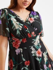 Scarlett & Jo Black & Pink Multi Floral Victoria Angel Sleeve Mesh Midi Dress - Image 3 of 5