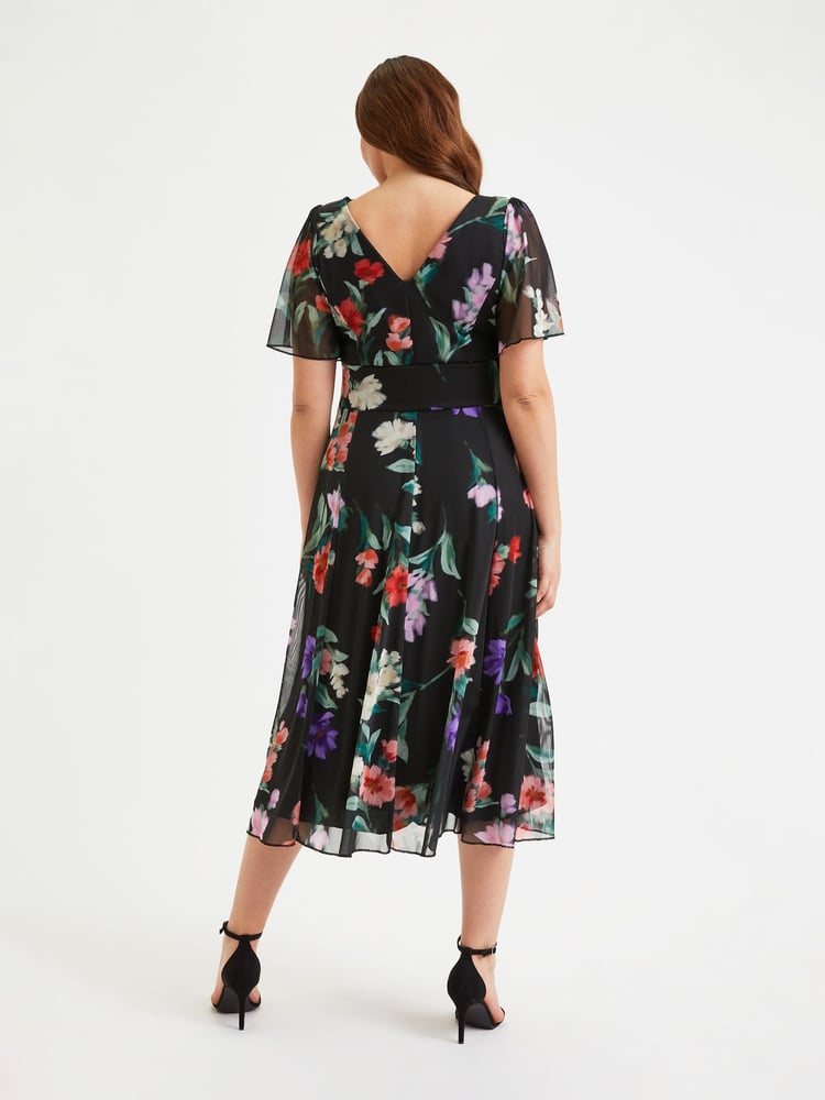 Scarlett & Jo Black & Pink Multi Floral Victoria Angel Sleeve Mesh Midi Dress - Image 5 of 5