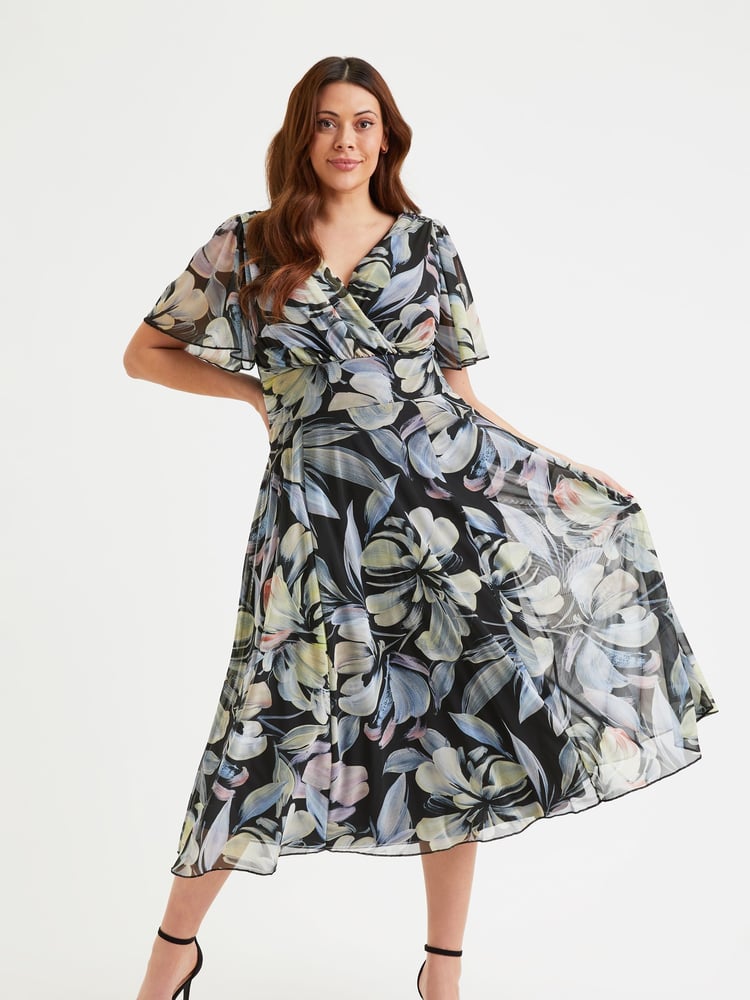 Scarlett & Jo Black Blue & Green Floral Victoria Angel Sleeve Mesh Midi Dress - Image 2 of 4
