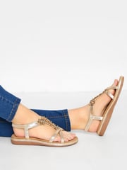 Yours Curve Gold Glitter Extra Wide Fit Floral Diamante Studded Sandals - Image 1 of 6