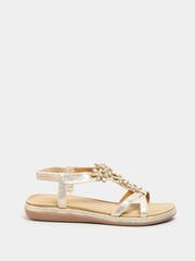 Yours Curve Gold Glitter Extra Wide Fit Floral Diamante Studded Sandals - Image 2 of 6
