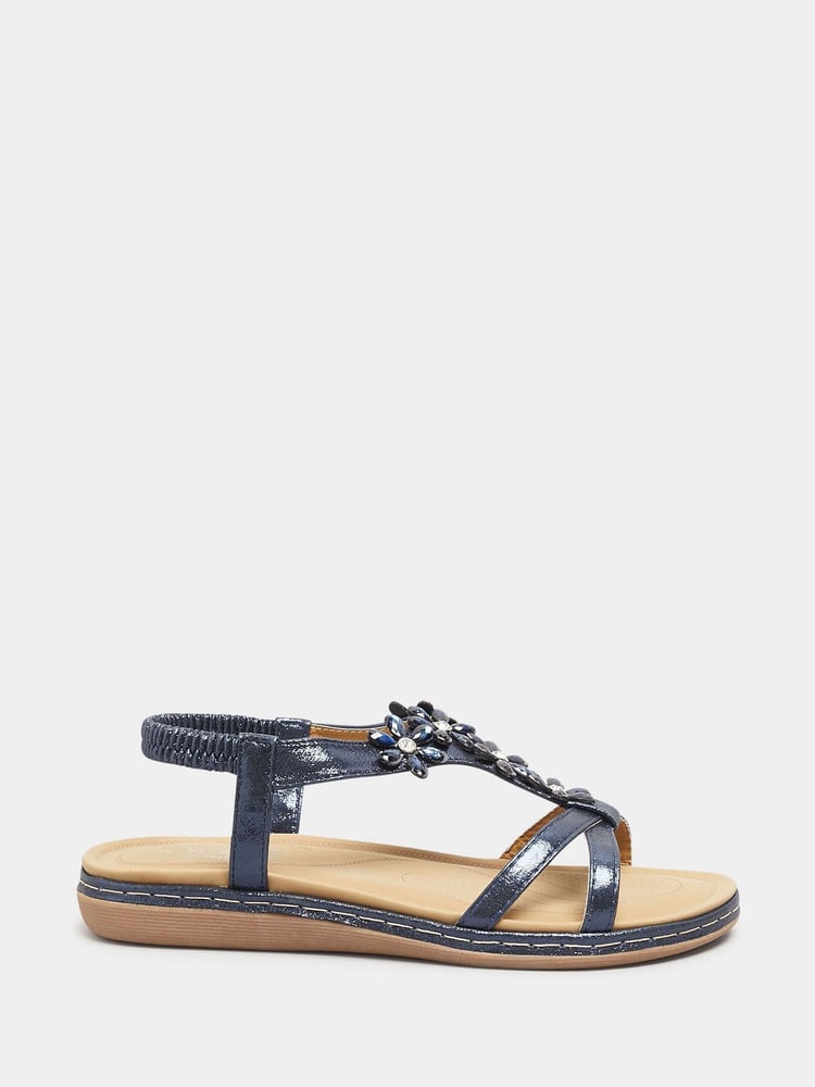 Yours Curve Navy Blue Glitter Extra Wide Fit Floral Diamante Studded Sandals - Image 2 of 5