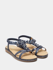 Yours Curve Navy Blue Glitter Extra Wide Fit Floral Diamante Studded Sandals - Image 4 of 5