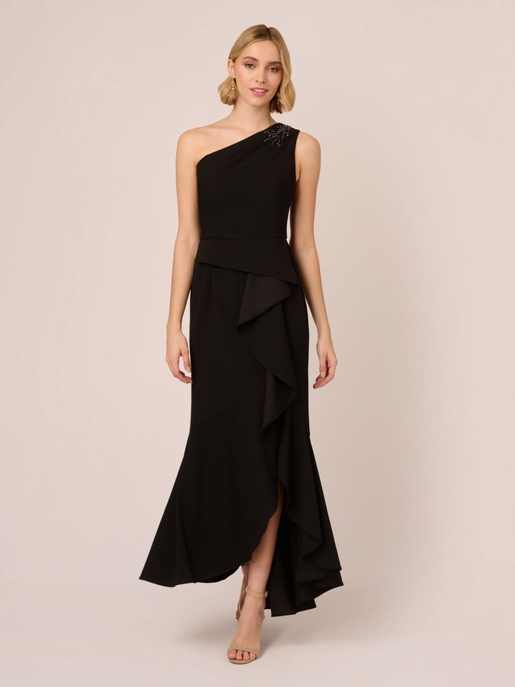 Adrianna Papell Studio Beaded Knit Crepe Black Dress - Image 1 of 7