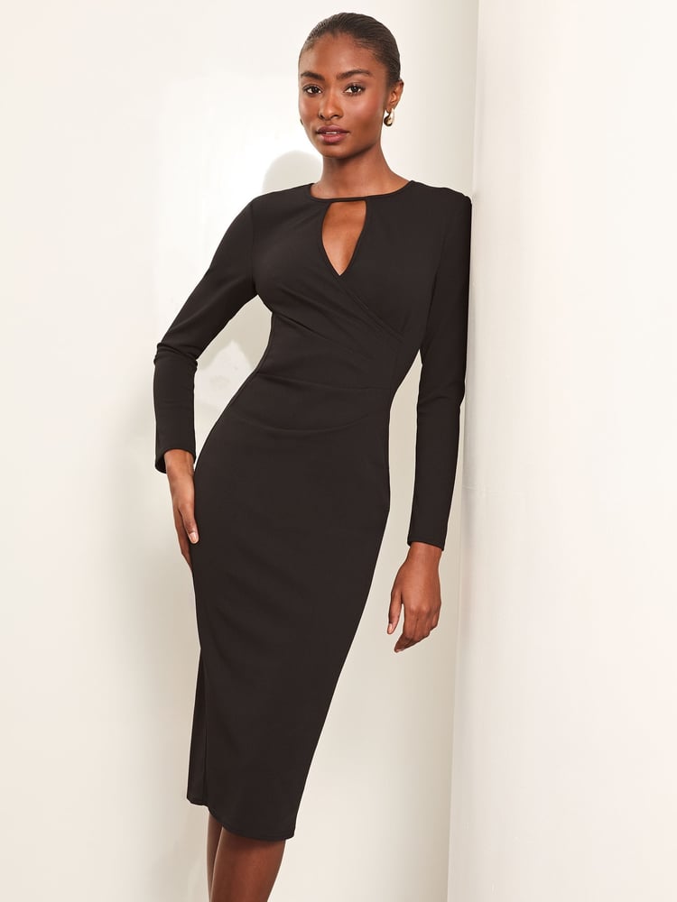 Lipsy Black Keyhole Cross Front Long Sleeve Bodycon Dress - Image 1 of 4