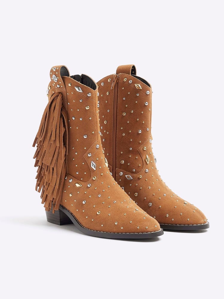 River Island Brown Western Studded Tassle Boots - Image 2 of 4 River Island Brown Western Studded Tassle Boots - Image 2 of 4