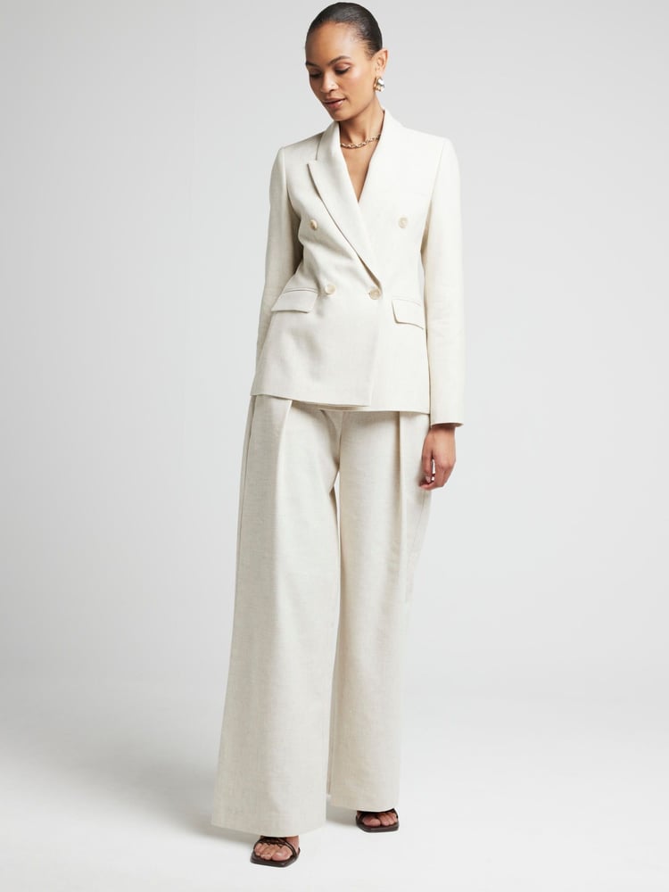 River Island Cream Wide Leg Pleated Linen Trousers - Image 1 of 6