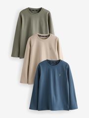 smALLSAINTS Navy/Khaki Boys Brace Crew Long Sleeve 100% Cotton T-Shirts 3 Pack - Image 1 of 8