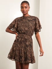Lipsy Brown Petite Animal Printed Short Sleeve Mini Dress - Image 2 of 4
