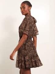 Lipsy Brown Petite Animal Printed Short Sleeve Mini Dress - Image 4 of 4
