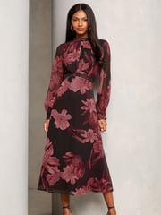 Lipsy Red Petite Printed Woven Long Sleeve Underbust Midi Dress - Image 1 of 4