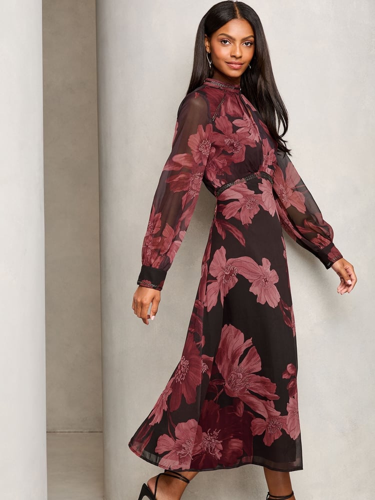 Lipsy Red Petite Printed Woven Long Sleeve Underbust Midi Dress - Image 2 of 4