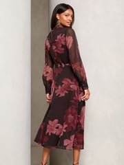 Lipsy Red Petite Printed Woven Long Sleeve Underbust Midi Dress - Image 4 of 4