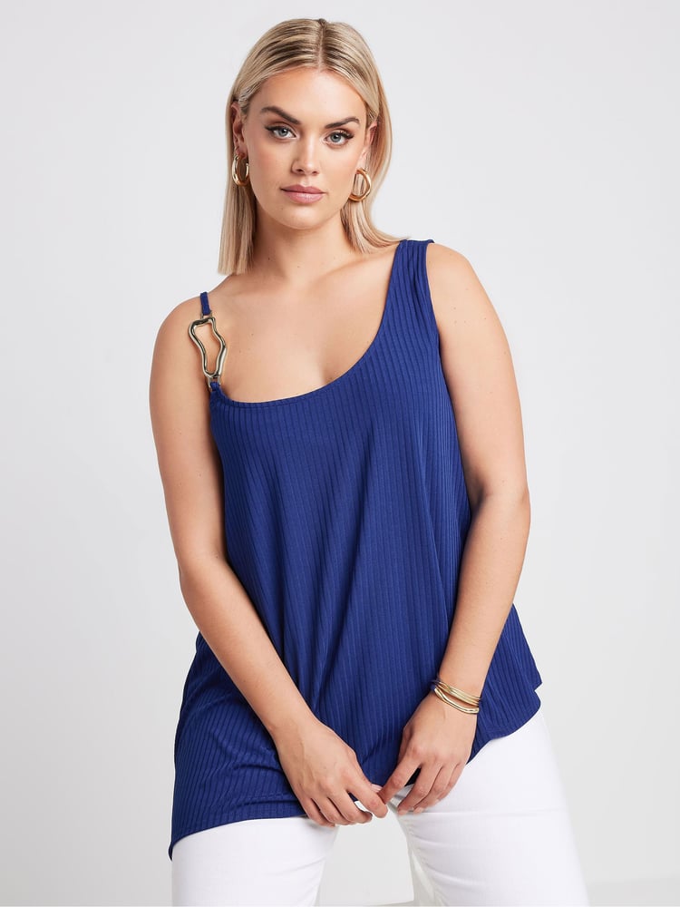 Yours Curve Blue Limited Collection Metal Trim Ribbed Vest Top - Image 1 of 6