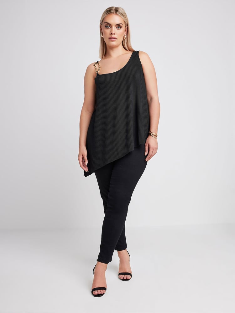 Yours Curve Black Limited Collection Metal Trim Ribbed Vest Top - Image 2 of 5