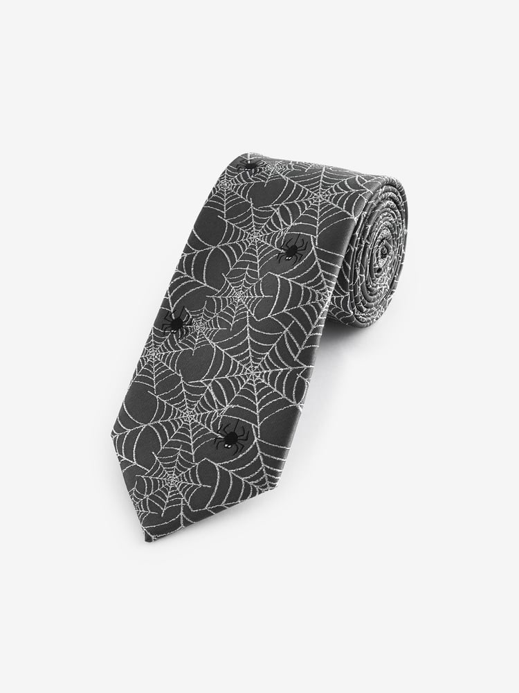 Grey/Silver Cobweb Slim Halloween Design Tie - Image 1 of 3