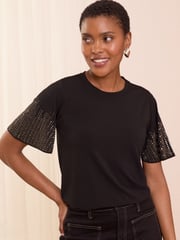 Love & Roses Black Rhinestone Sleeve Jersey T-Shirt - Image 1 of 4