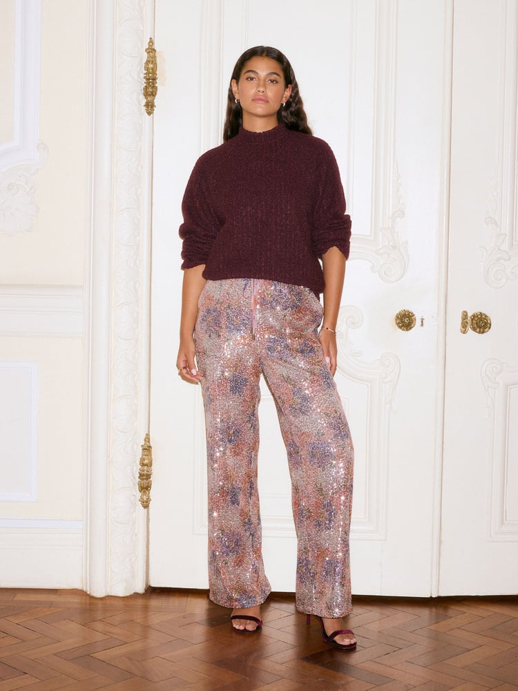 Pink Floral Sequin Wide Leg Trousers - Image 1 of 7