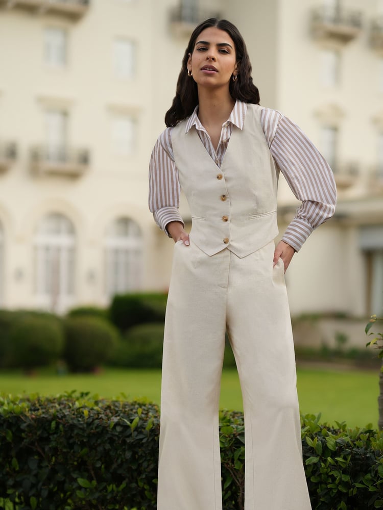 Yumi Natural Cotton And Ramie Wide Leg Trousers - Image 1 of 7