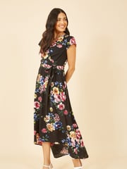Mela Black Floral Wrap Over Dipped Hem Midi Dress - Image 2 of 6