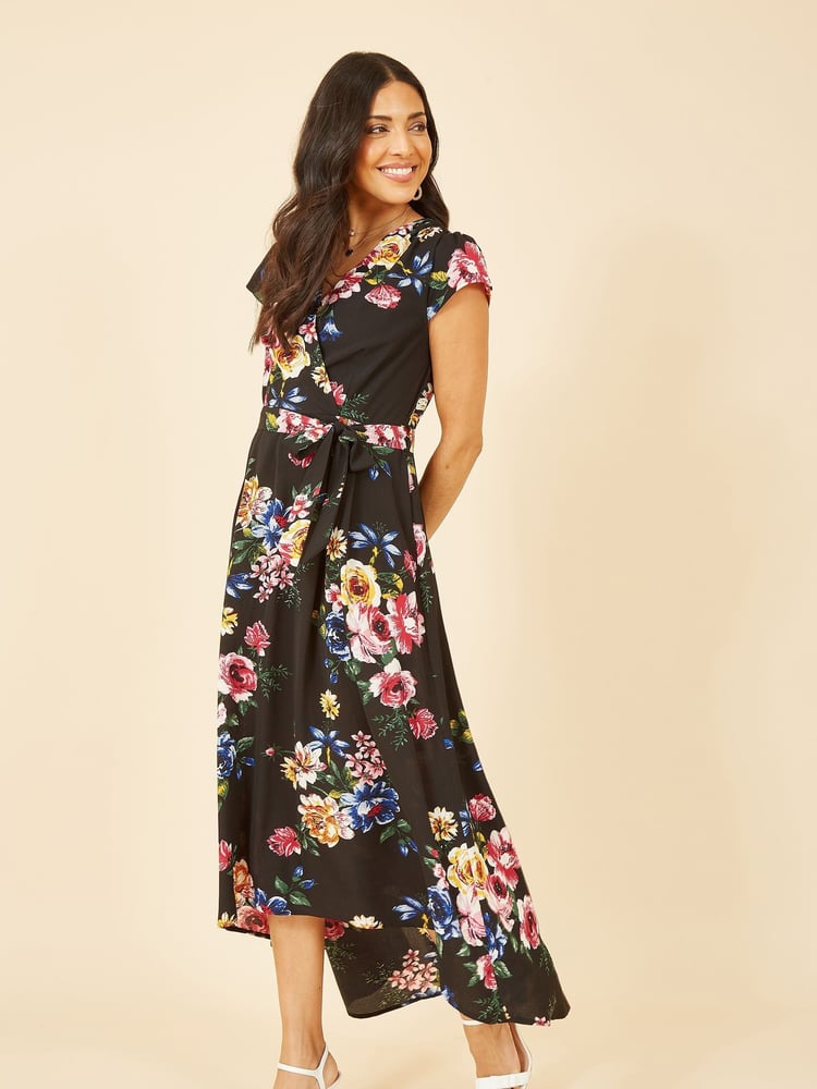 Mela Black Floral Wrap Over Dipped Hem Midi Dress - Image 2 of 6