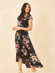 Mela Black Floral Wrap Over Dipped Hem Midi Dress - Image 4 of 6