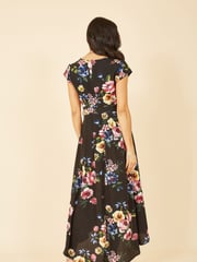 Mela Black Floral Wrap Over Dipped Hem Midi Dress - Image 5 of 6