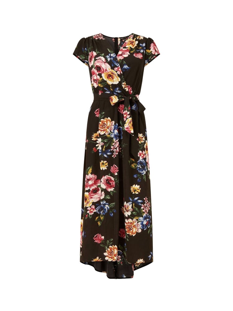 Mela Black Floral Wrap Over Dipped Hem Midi Dress - Image 6 of 6