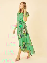 Mela Green Floral Wrap Over Dipped Hem Midi Dress - Image 1 of 5