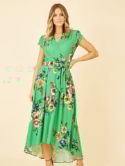 Mela Green Floral Wrap Over Dipped Hem Midi Dress - Image 2 of 5