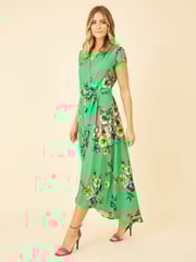 Mela Green Floral Wrap Over Dipped Hem Midi Dress - Image 3 of 5