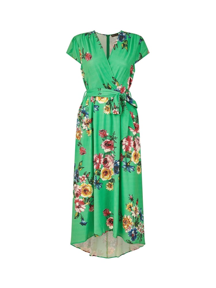 Mela Green Floral Wrap Over Dipped Hem Midi Dress - Image 5 of 5