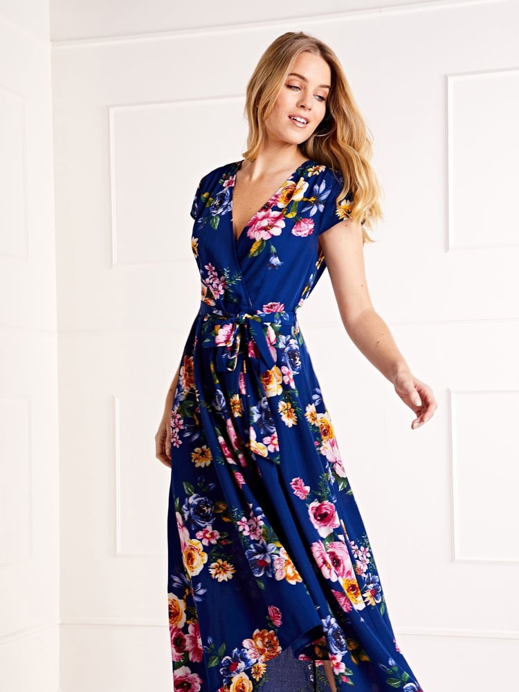 Mela Blue Floral Wrap Over Dipped Hem Midi Dress - Image 1 of 4