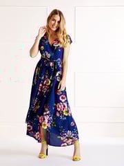 Mela Blue Floral Wrap Over Dipped Hem Midi Dress - Image 2 of 4