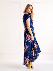 Mela Blue Floral Wrap Over Dipped Hem Midi Dress - Image 3 of 4