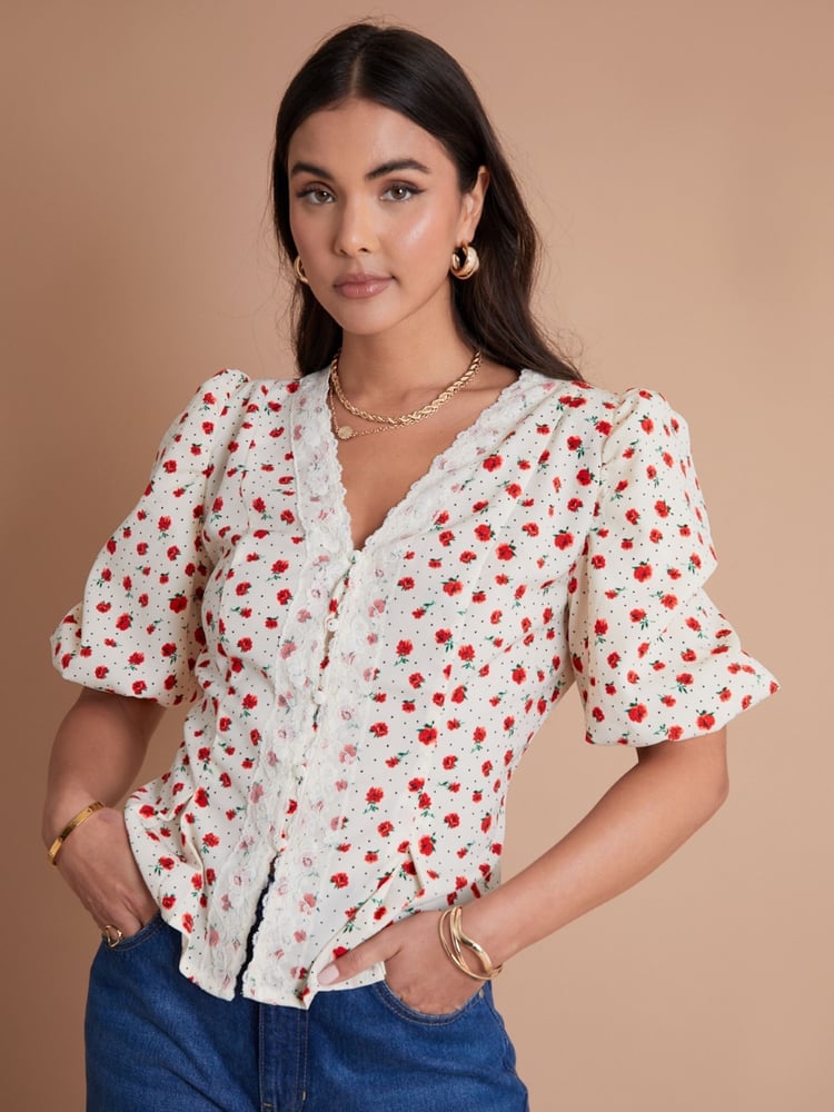 Another Sunday Lace Trim Puff Sleeve Button Through Ecru Ditsy Floral White Blouse - Image 1 of 3