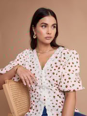 Another Sunday Lace Trim Puff Sleeve Button Through Ecru Ditsy Floral White Blouse - Image 2 of 3
