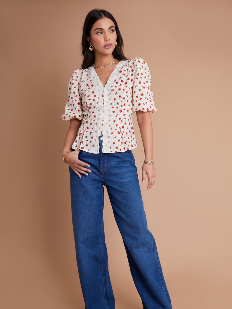 Another Sunday Lace Trim Puff Sleeve Button Through Ecru Ditsy Floral White Blouse - Image 3 of 3