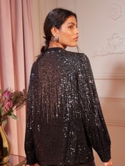 Love & Roses Black Ombre Petite Sequin V Neck Long Sleeve Blouse - Image 3 of 4