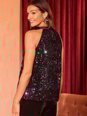 Love & Roses Black Halterneck Sequin Velvet Top - Image 4 of 4